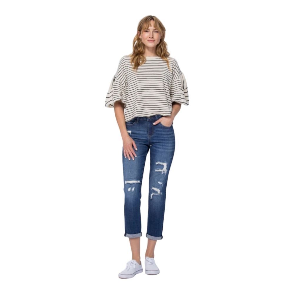 Judy Blue Mid Rise Thermal Patch Distressed Boyfrnd Relaxed Fit Denim Jeans 3/26